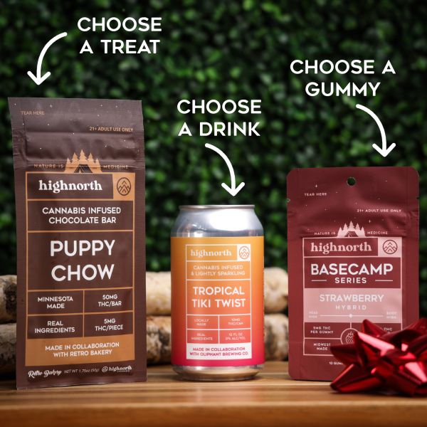 infused beverage, THC gummies and chocolate bar bundle example